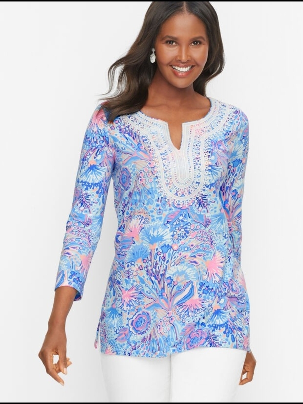 Talbots Light Blue & Pink Paisley Lace Trim Cotton Tunic with Embroidered Yoke